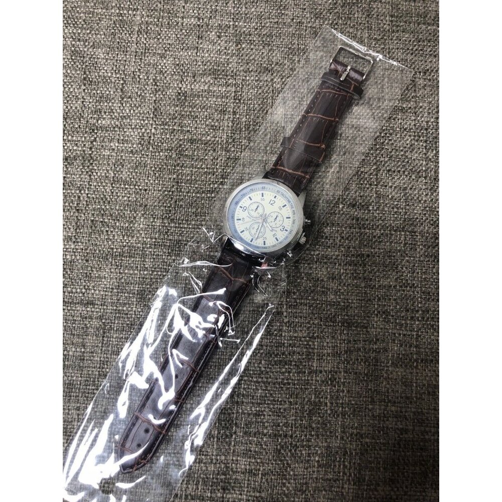 Mens Quartz Analog Wrist Watch with 3 Subdials Brown Band Luminous Hands